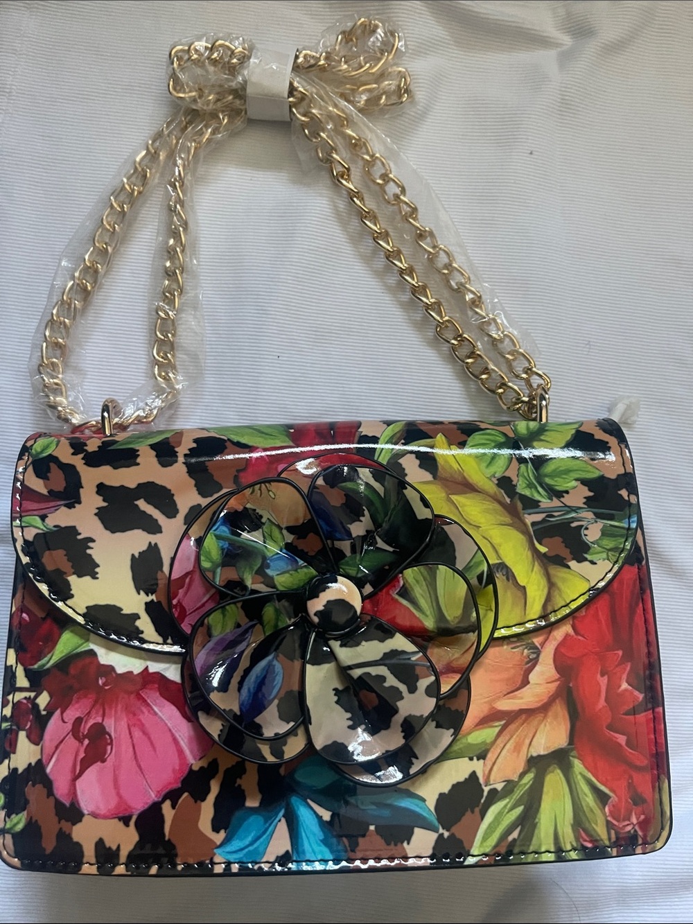 Floral Leopard Patent Crossbody Bag with Gold Chain